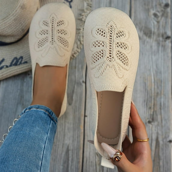 Miluxas Women’s Ballet Flat Shoes Knit Dress Shoes Round Toe Slip On Ballerina Flats for Woman Low Comfort Soft Shoes Beige 7.5(40)