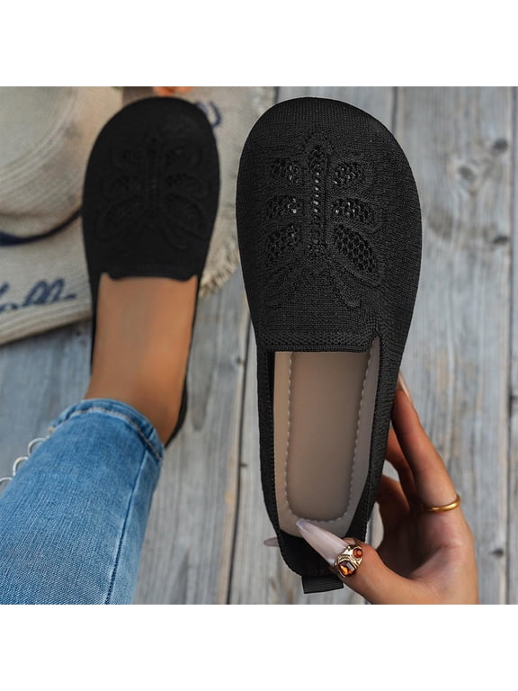 Women’s Ballet Flat Shoes Knit Dress Shoes Round Toe Slip On Ballerina Flats for Woman Low Comfort Soft Shoes Black 6.5(38)