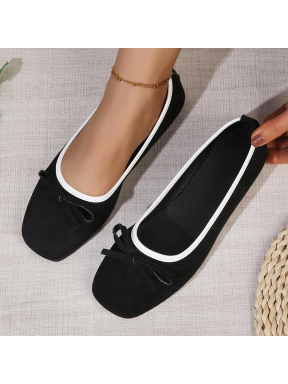 Women's Ballet Flats Cap Toe Bow Flats Two Tone Slip On Flats Comfort Square Toe Dressy Flat Shoes for Casual Work Black 7.5(40)