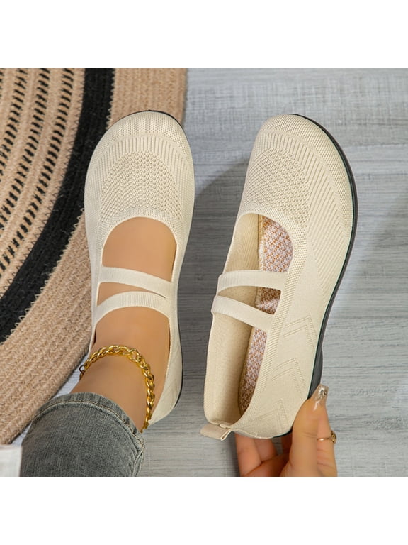 Women’s Ballet Flats Knit Mary Jane Flat Comfort Walking Slip-on Dressy Work Driving Shoes with Straps Beige 8.5(41)