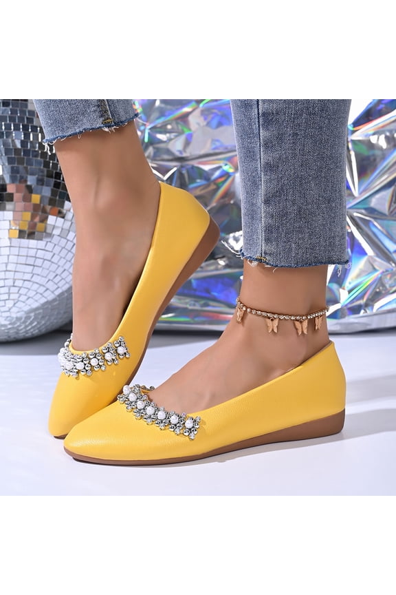 Women's Ballet Flats Rhinestones Wedding Ballerina Shoes Foldable Sparkly Comfort Slip on Flat Shoes Yellow 6.5(38)