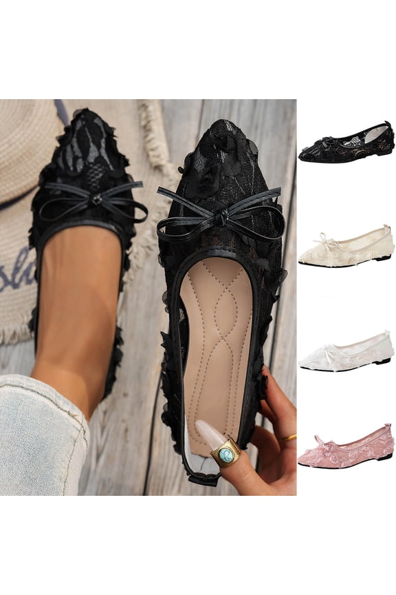 Women's Ballet Lace Mesh Mary Jane Flats, Floral Applique Wedding Shoes with Elastic Strap and Low Heel for Spring Summer Party White 9.5(43)