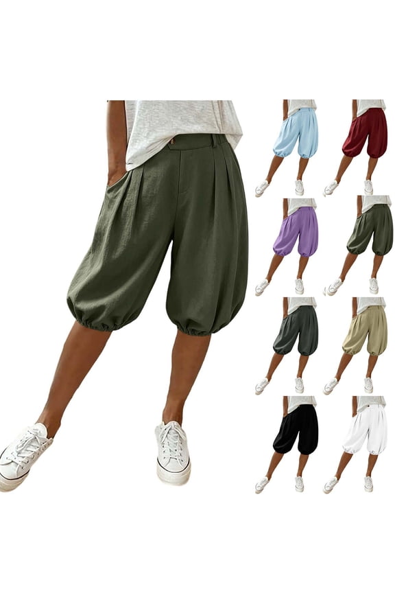 Women's Balloon Shorts Elastic High Waist Wide Leg Lantern Bloomer Pants with Pockets Lightweight Summer Casual Bloomers for Outings White