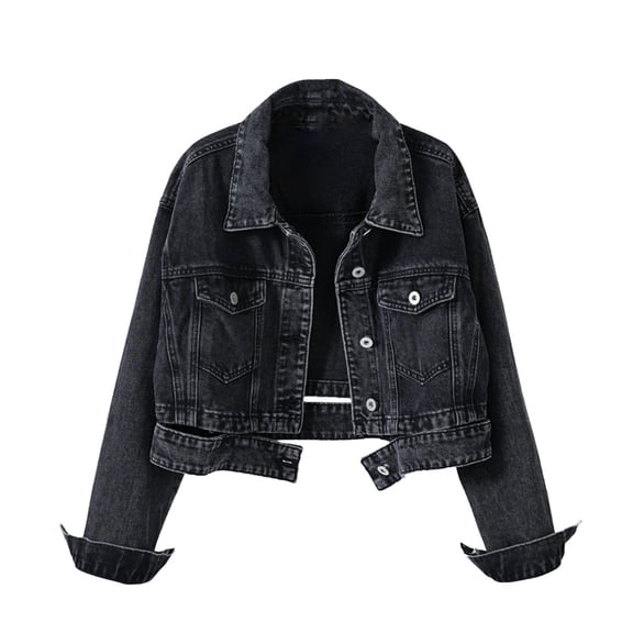 Miluxas Women's Basic Button Down Stretch Fitted Long Sleeves Denim Jean Jacket Black S(S)