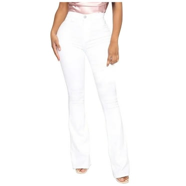 Miluxas Women's Bell Bottom Jeans Clearance Elastic Waist Ripped Flared Jeans Denim Bell Bottom Plus Size Pants White 10(XL)