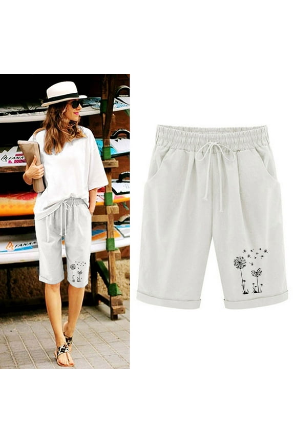 Women's Bermuda 10" Long Shorts with Pockets Cotton Linen Sweat Shorts Jersey Knee Length Shorts for Summer White 10(XL)