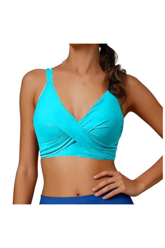 Women's Bikini Top -Supportive Swimsuit for Large Bust Solid Color Adjustable Wide Straps Swim Top Sky Blue