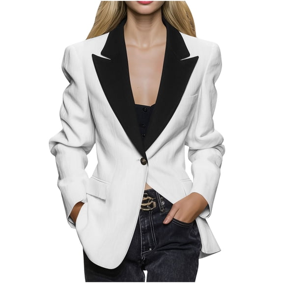 Miluxas Women's Blazer Coat Spring Fall Long Sleeve Lapel Boyfriend Casual Work Jacket White L(L)