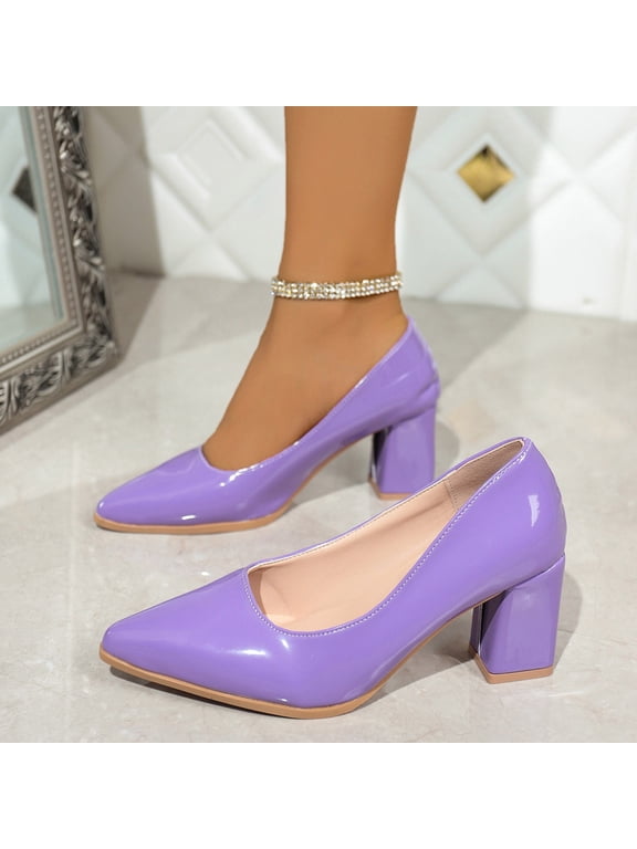 Women’s Block Heel Pumps Mid Chunky Heels Close Round Toe Slip-On Comfortable Casual Dress Shoes for office Purple 9.5(43)