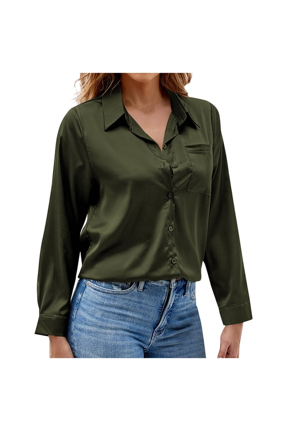 Women's Blouse Satin Silk Shirts Button Down Shirts Solid Casual Loose Long Sleeve office Work Tunic Tops Army Green 8(L)