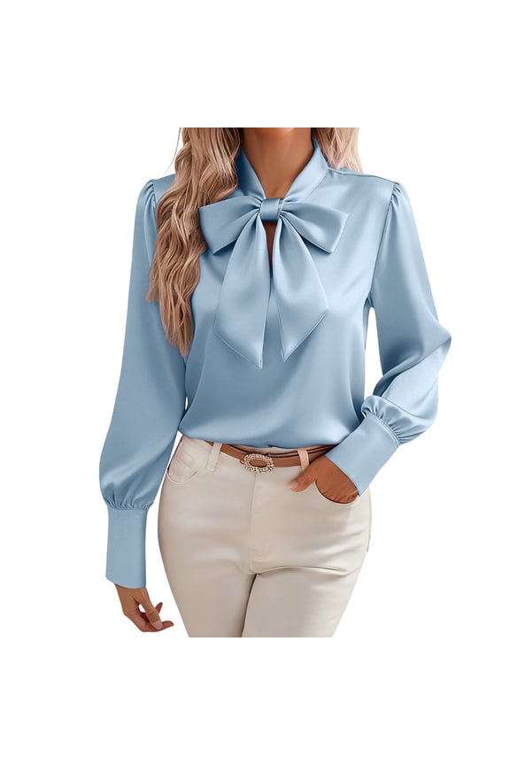 Women's Blouses Long Sleeve Satin Shirts Bow Tie High Neck Tops Dressy Casual Shirts Blue L(L)