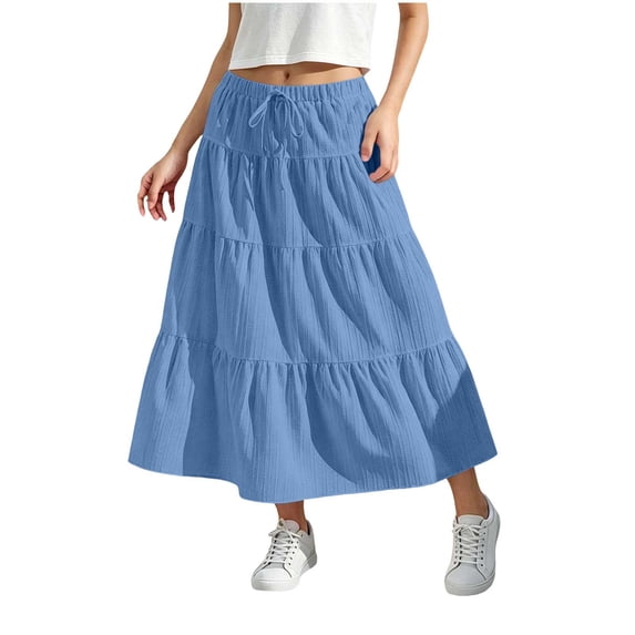 Miluxas Women's Boho Tiered Ruffle Maxi Skirt, Lightweight Crinkle Fabric Drawstring Waist Skirt, Summer Flowy Casual Skirt for Beach Blue 10 Years