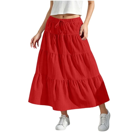 Miluxas Women's Boho Tiered Ruffle Maxi Skirt, Lightweight Crinkle Fabric Drawstring Waist Skirt, Summer Flowy Casual Skirt for Beach Red 9 Years