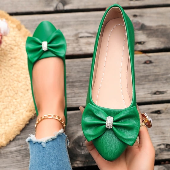 Miluxas Women's Bow Accent Ballet Flats, Lightweight Leather Slip-On Shoes, Comfortable Round Toe Flats Green 9(42)