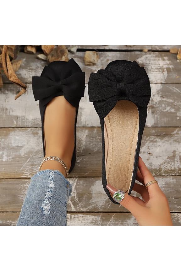 Women's Bow Ballet Flats, Elegant Round Toe Slip-On Shoes with Large Bow Detail, Comfortable Casual Flats Black 5.5(36)