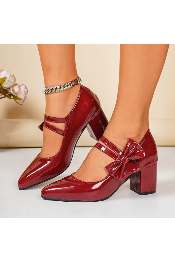 Women's Bow Heels Mary Jane Block Chunky Heel Pumps Round Toe Comfortable Low Heels Wedding Evening Party Dress Shoes Wine 8.5(41)