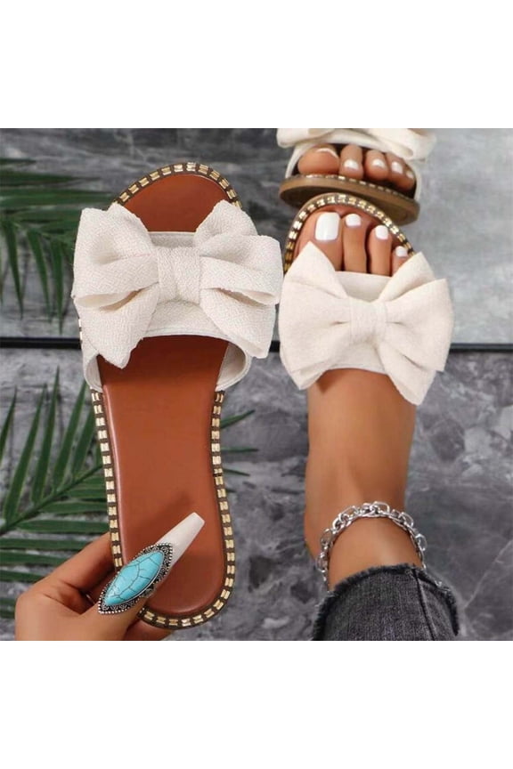 Women's Bow Knot Flat Sandals Open Toe Slip On Slide Slipper Single Band Flats Beige 7(39)