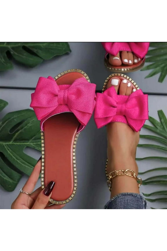 Women's Bow Knot Flat Sandals Open Toe Slip On Slide Slipper Single Band Flats Hot Pink 7.5(40)