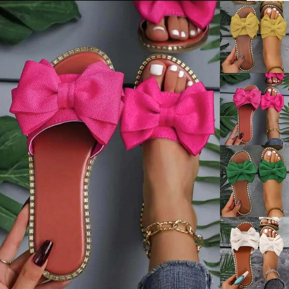 Miluxas Women's Bow Knot Flat Sandals Open Toe Slip On Slide Slipper Single Band Flats Yellow 9.5(43)