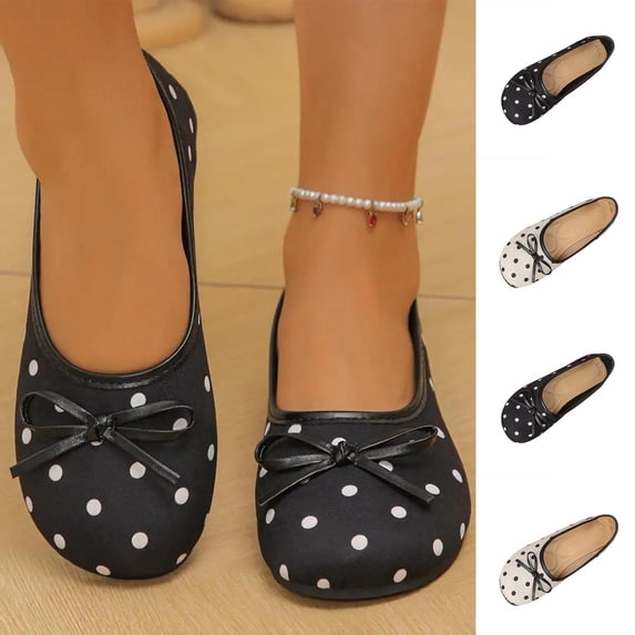 Miluxas Women's Bow Knot Polka Dots Flat Shoes Closed Toe Ballet Spring Summer Flats White 9.5(43)