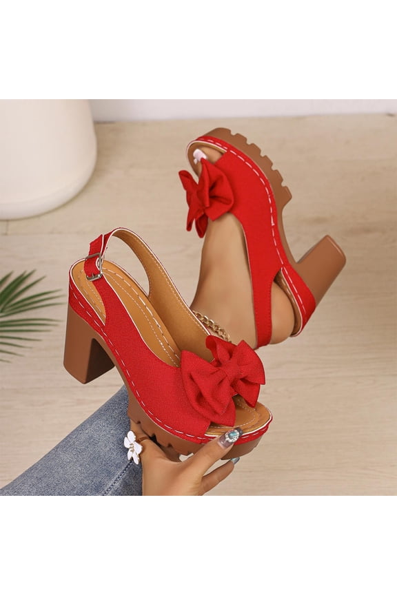 Women's Bow Platform Sandals, Block Heel, Ankle Strap, Round Open Toe Red 7.5(40)