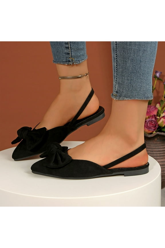 Women's Bow Pointed Toe Slingback Flats Comfortable Satin Slip On Pumps office Work Wedding Party Dressy Flats Black 7(39)