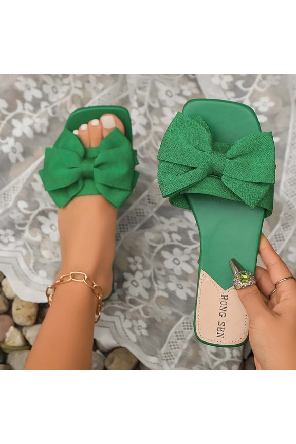 Women's Bow Slide Sandals Open Toe Slip On Summer Flat Sandals Green 8.5(41)