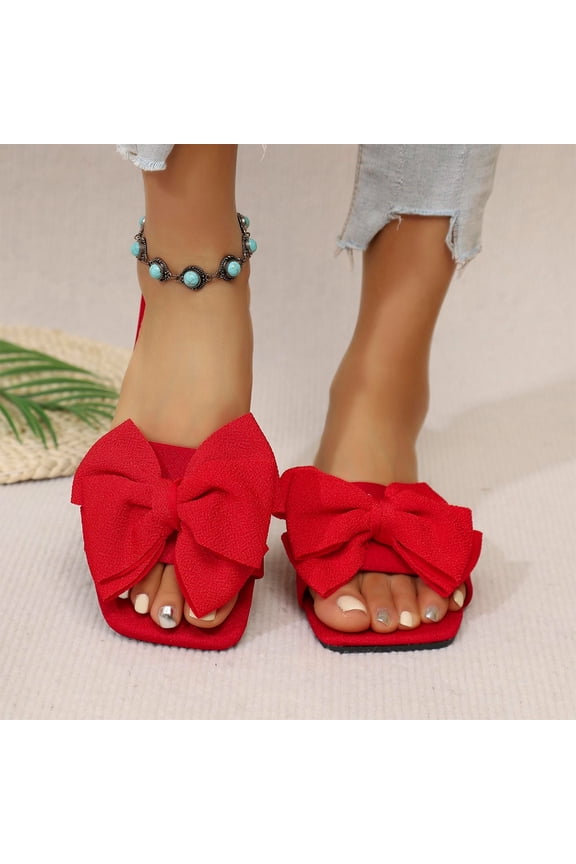Women's Bow Square Toe Flat Sandals Summer Slides Slip On Sandals Red 7(39)