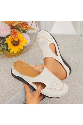 Women's Breathable Hollow Cutout Wedge Slide Mules, Backless Slip On Platform Orthopedic Walking Clogs, Non Slip Soft Leather Casual Shoes White 9(42)