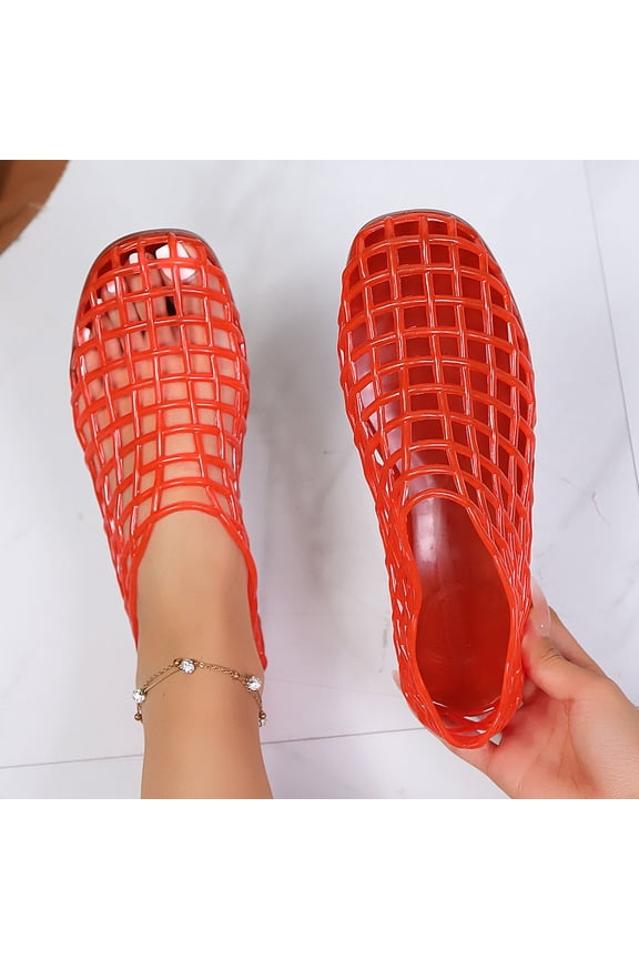 Women's Breathable Mesh Jelly Flats, Lightweight Hollow-Out Slip-On PVC Shoes, Quick-Dry Summer Sandals for Pool ,Beach Red 7.5(40)