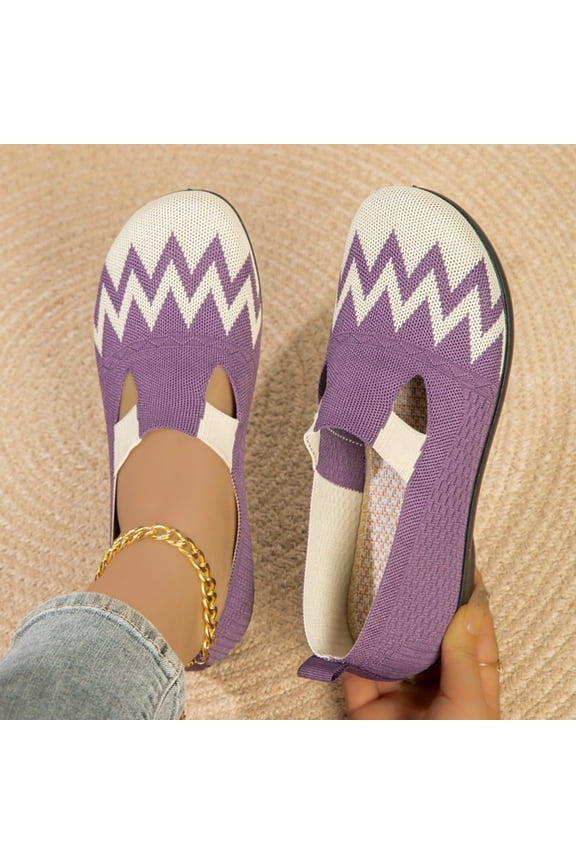 Women's Breathable Mesh Mary Jane Flats – T-Strap Elastic Slip-On Walking Shoes with Flexible Sole Purple 6.5(38)