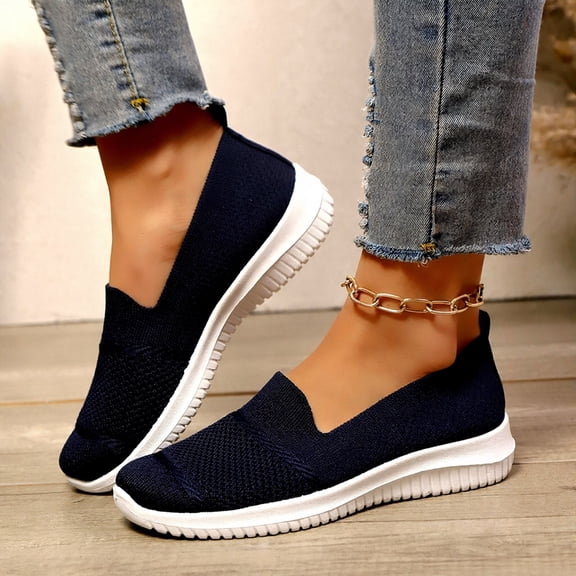 Miluxas Women’s Breathable Walking Shoes-Slip On Mesh Knitted Flats Soft Gym Sneakers Flexible Lightweight Casual Easy Shoes Dark Blue 7.5(40)