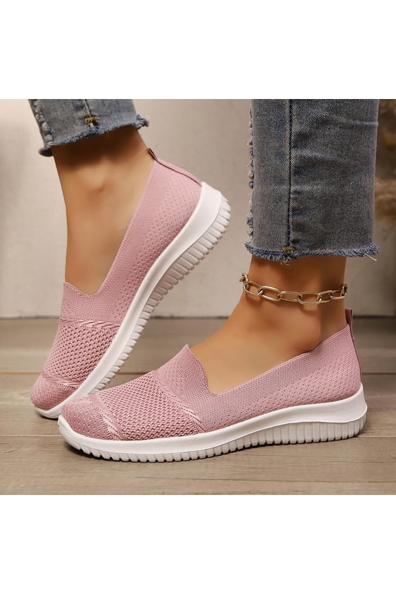 Women’s Breathable Walking Shoes-Slip On Mesh Knitted Flats Soft Gym Sneakers Flexible Lightweight Casual Easy Shoes Pink 7.5(40)