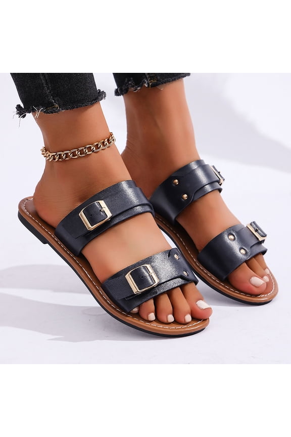 Women's Buckle Sandals Summer Slides Open Toe Beach Outdoor Sandal Shoes Dark Blue 8.5(41)