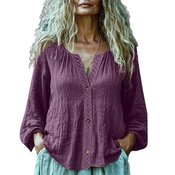 Miluxas Women's Button Down Linen Shirts Long Sleeve Fall Shirts Henley Tops Loose Casual Work office Blouses Tops Purple S(S)
