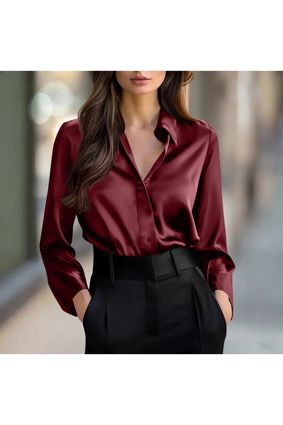 Women's Button Down Shirts Long Sleeve Basic Classic Soft Shirt Collared Fashion Dressy Casual Blouses Wine L(L)