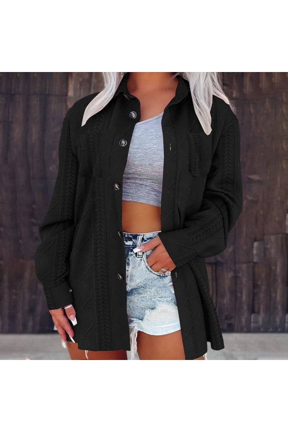 Women's Button up Cardigan Sweater Cable Hoodies Long Sleeve Jacket Lapel Solid Color Casual Coat Black M(M)