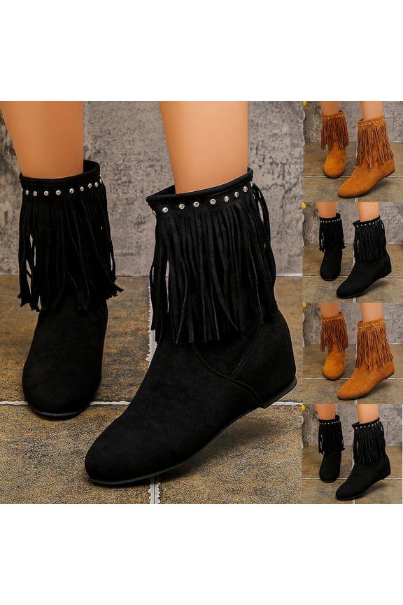 Womens Ankle Fringe Boots Round Toe Wide Calf Flat Tassel Boots Casual Ankle Boots for Winter Brown 9(42)