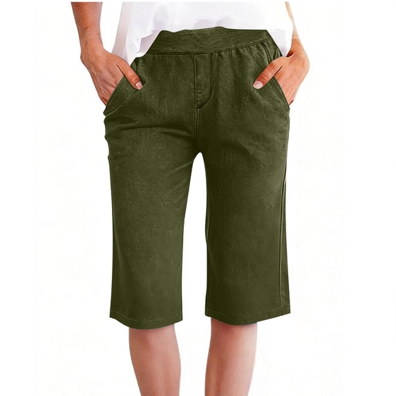 Miluxas Women’s Capri Jeans Faux Denim Shorts Stretchy High Waisted Loose Fit Jeans Straight Cropped Imitation Jeans Pants with Pockets Green