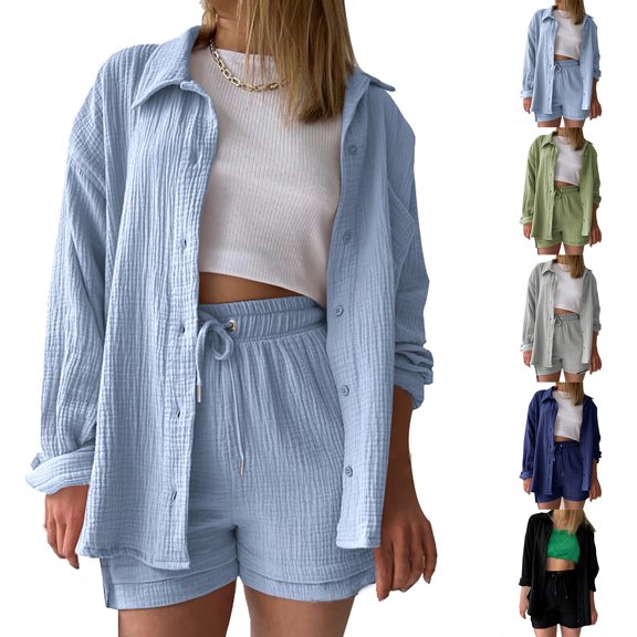 Miluxas Women's Casual 2 Piece Outfit Long Sleeve Button Shirts Matching High Waist Drawstring Shorts Sets Navy 10(XL)