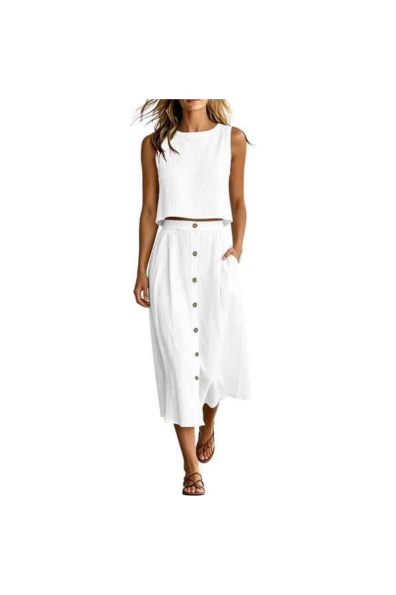 Women's Casual 2 Piece Outfits Sleeveless Crewneck Crop Tank Top and Long Skirt Sets with Pockets Summer Beach Vacation Outfits White