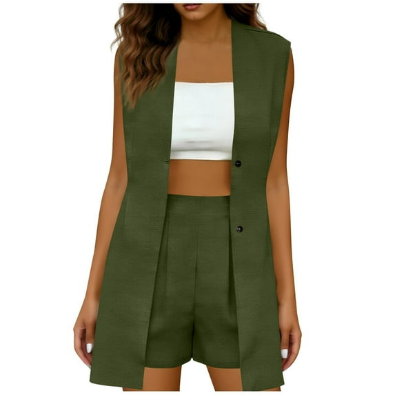 Miluxas Women's Casual 2-Piece Solid Color Button Vest Top High Waist Elastic Shorts Loose Short Sets Army Green XL(XL)