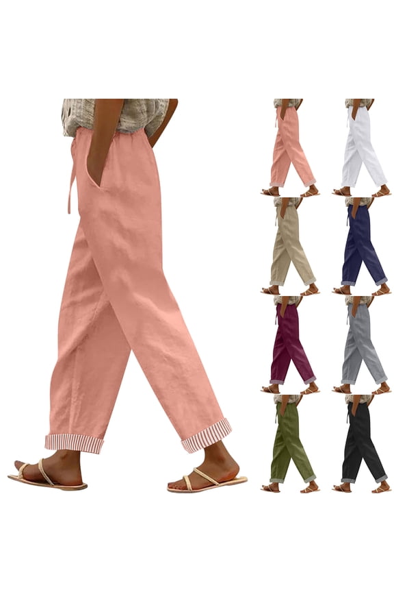 Women's Casual Ankle Cuffed Striped Hem Pants Loose Fit Drawstring Elastic Waist Wide Leg Trousers with Pockets for Summer Beach Vacation White