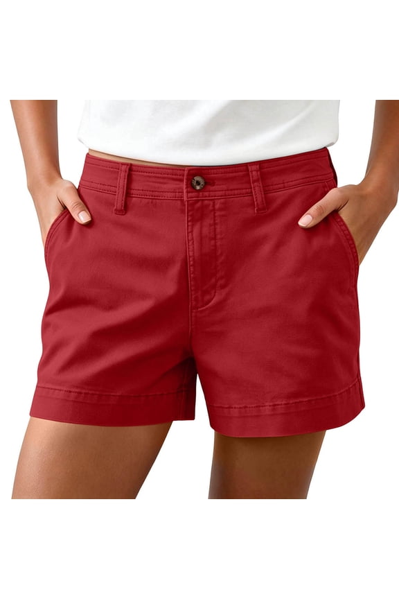 Women's Casual Chino Shorts Classic Solid Color Mide Waist Shorts with Pockets Stretchy Twill Summer Lounge Shorts for Daily & Vacation Red