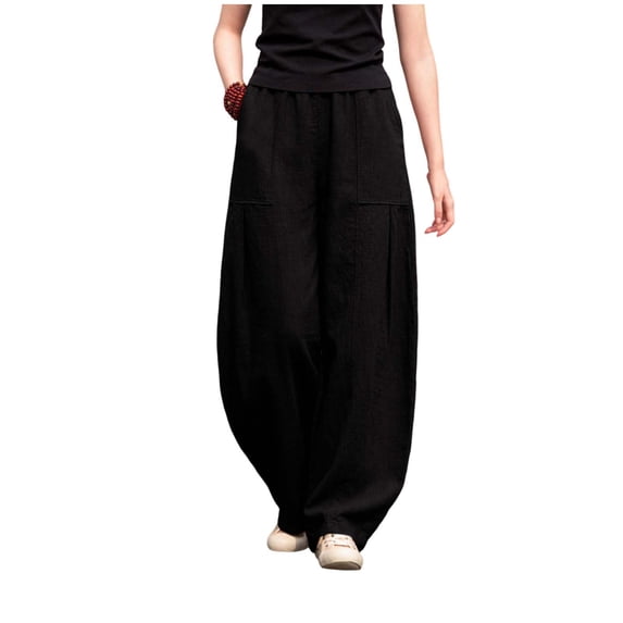 Miluxas Women's Casual Cotton Linen Pants Elastic Waist Relax Fit Lantern Trouser with Pockets Solid Soft Breathable Slacks Black