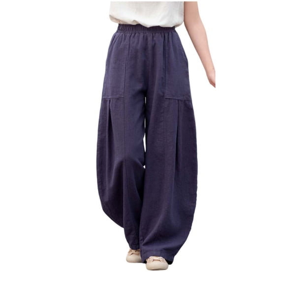 Miluxas Women's Casual Cotton Linen Pants Elastic Waist Relax Fit Lantern Trouser with Pockets Solid Soft Breathable Slacks Navy