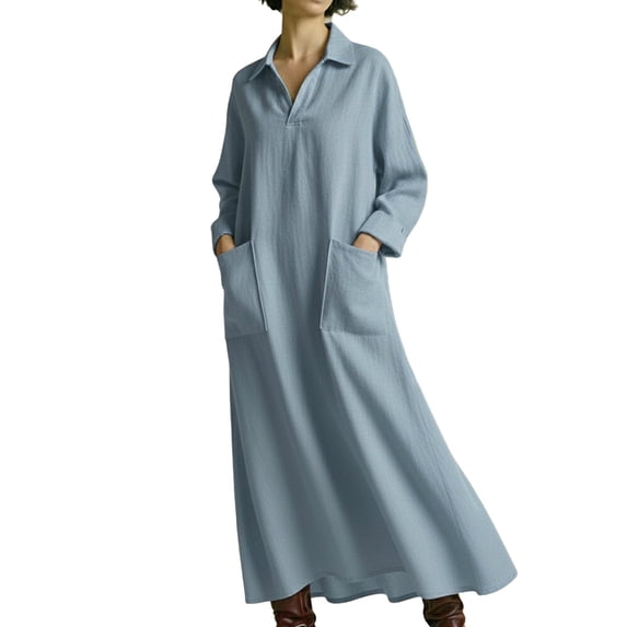 Miluxas Women's Casual Lapel Collar Maxi Dresses Long Sleeves Loose Fit Shirt Dresses with Pockets Business office & Beach Vacation Dress Light Blue