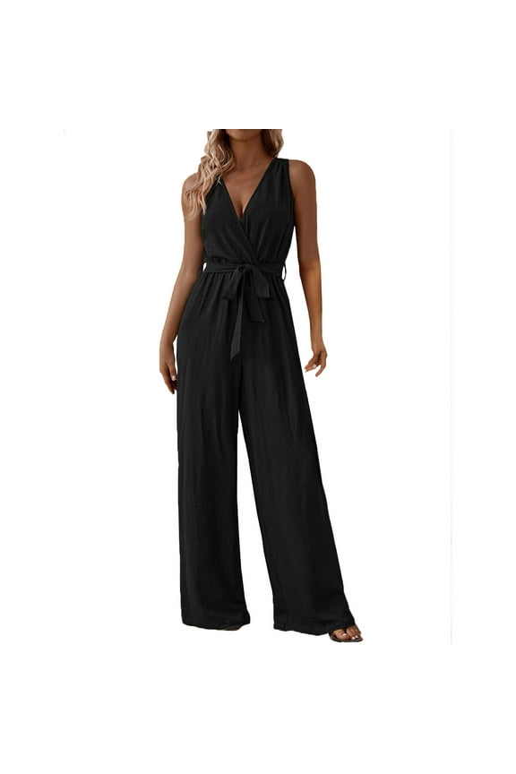 Women's Casual Loose Overalls Jumpsuits One Piece Sleeveless Vest Wide Leg Long Pant Rompers Black M(M)