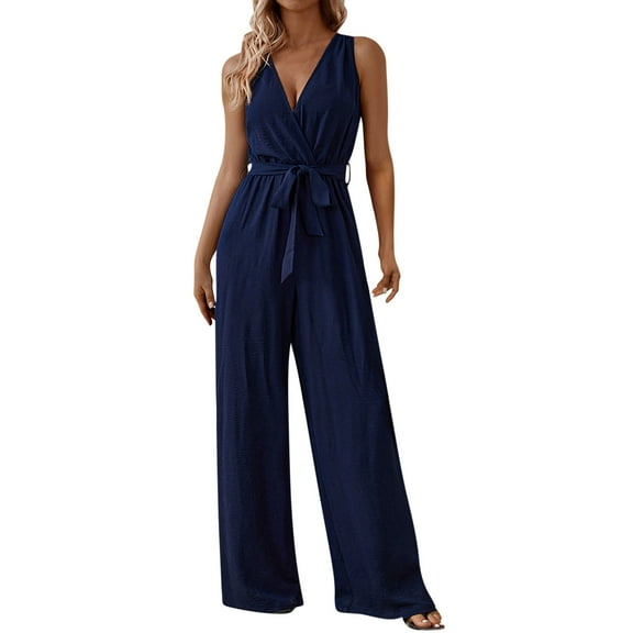 Miluxas Women's Casual Loose Overalls Jumpsuits One Piece Sleeveless Vest Wide Leg Long Pant Rompers Navy M(M)