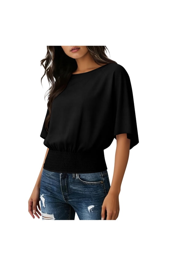 Women's Casual Short Sleeve Top Loose Fit Boat Neck Solid Top the Hem with Elastic Drawstring Black